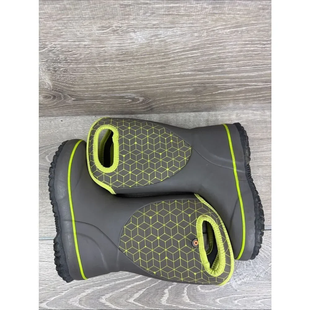 Bogs Waterproof-4f Slushie Web Geometric  Little Boy Sz 13 Gray Green Rain Boots